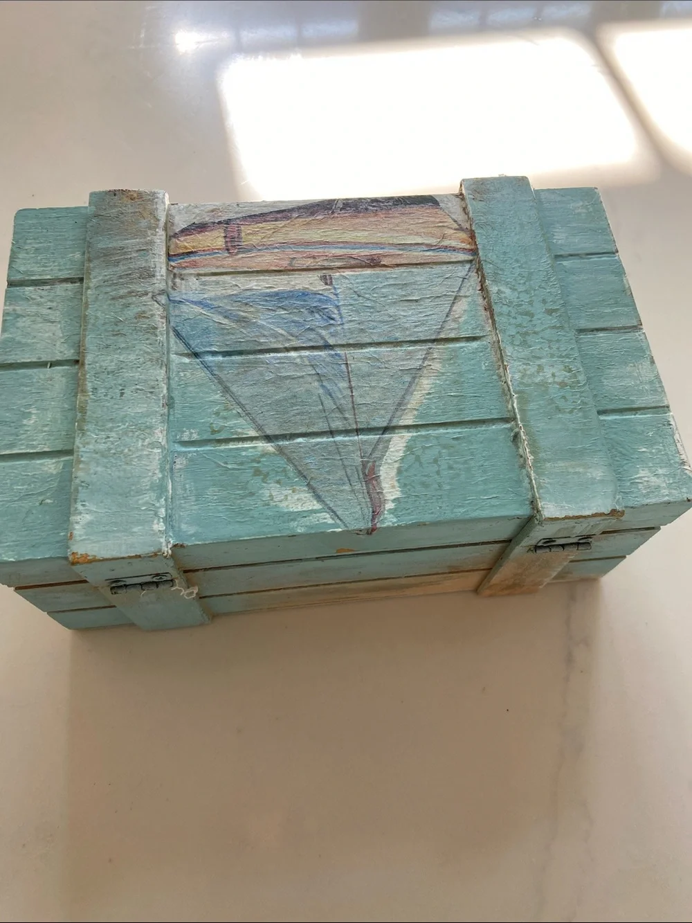 Coastal Wooden Trinket Box in Light Aqua - Nautical Accent